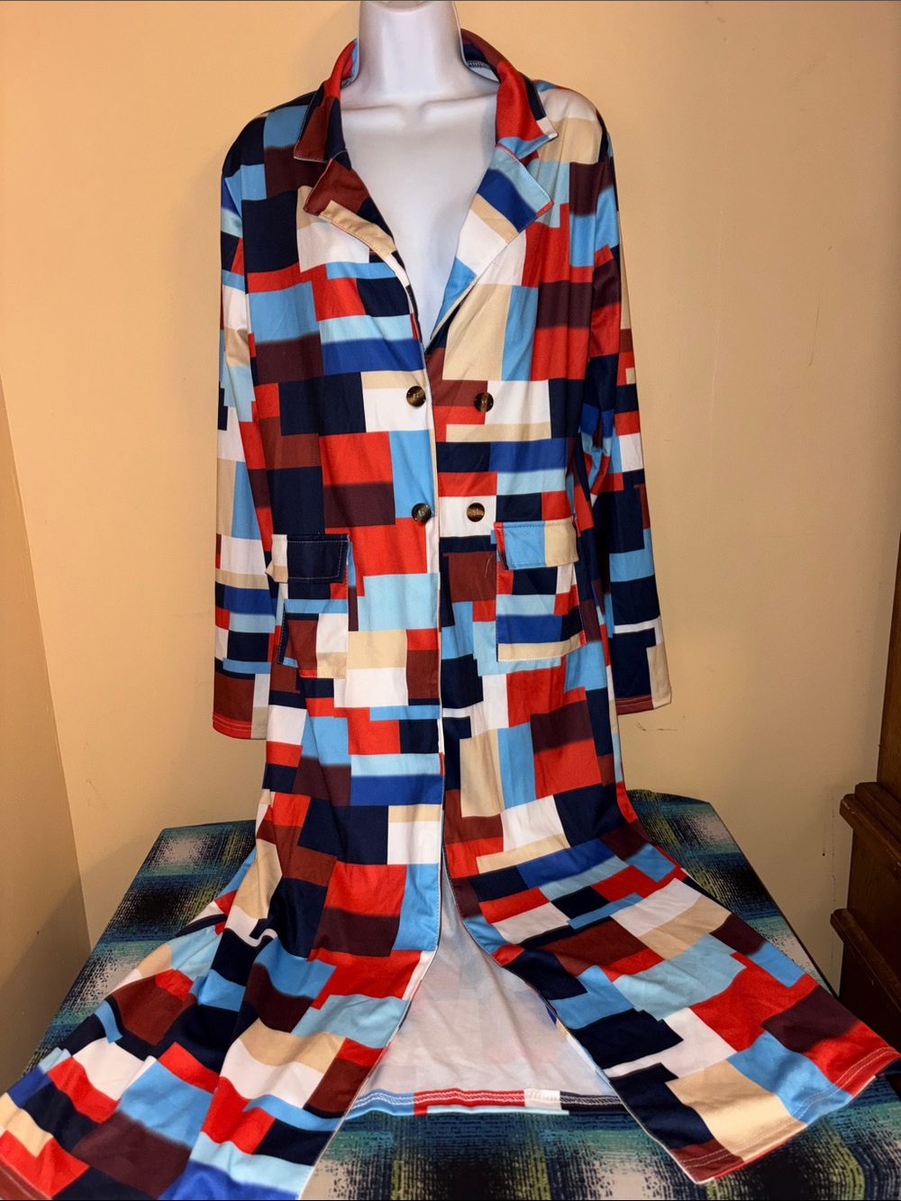 Colorblock Long Buttoned Coat - Red Blue Cream Navy